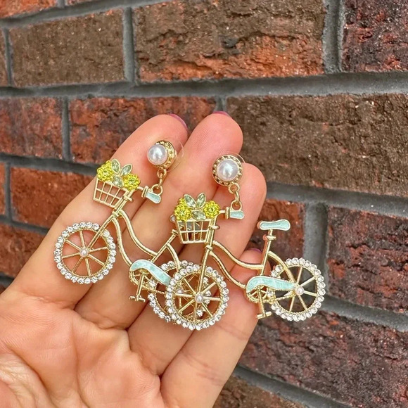 Anthropologie Blue Sweet Flowers Bicycle Crystal Earrings - Picture 3 of 11